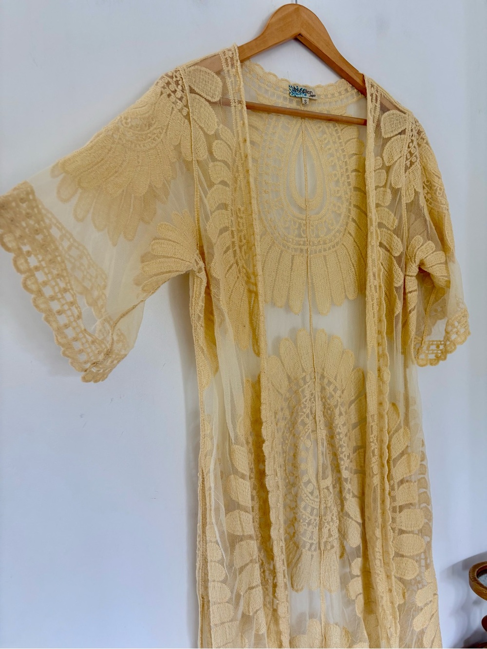 REBELLION AGAIN Sm Sheer Embroidery Yellow Kimono Mesh 43” L Boho Festival Beach - Picture 3 of 11